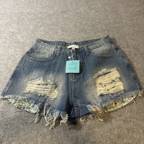 Hayden Pants - Hayden Womens Medium Wash Distressed Colorful Sequins Festival Jean Shorts Med